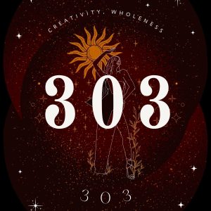303 angel number meaning graphic with woman and sun